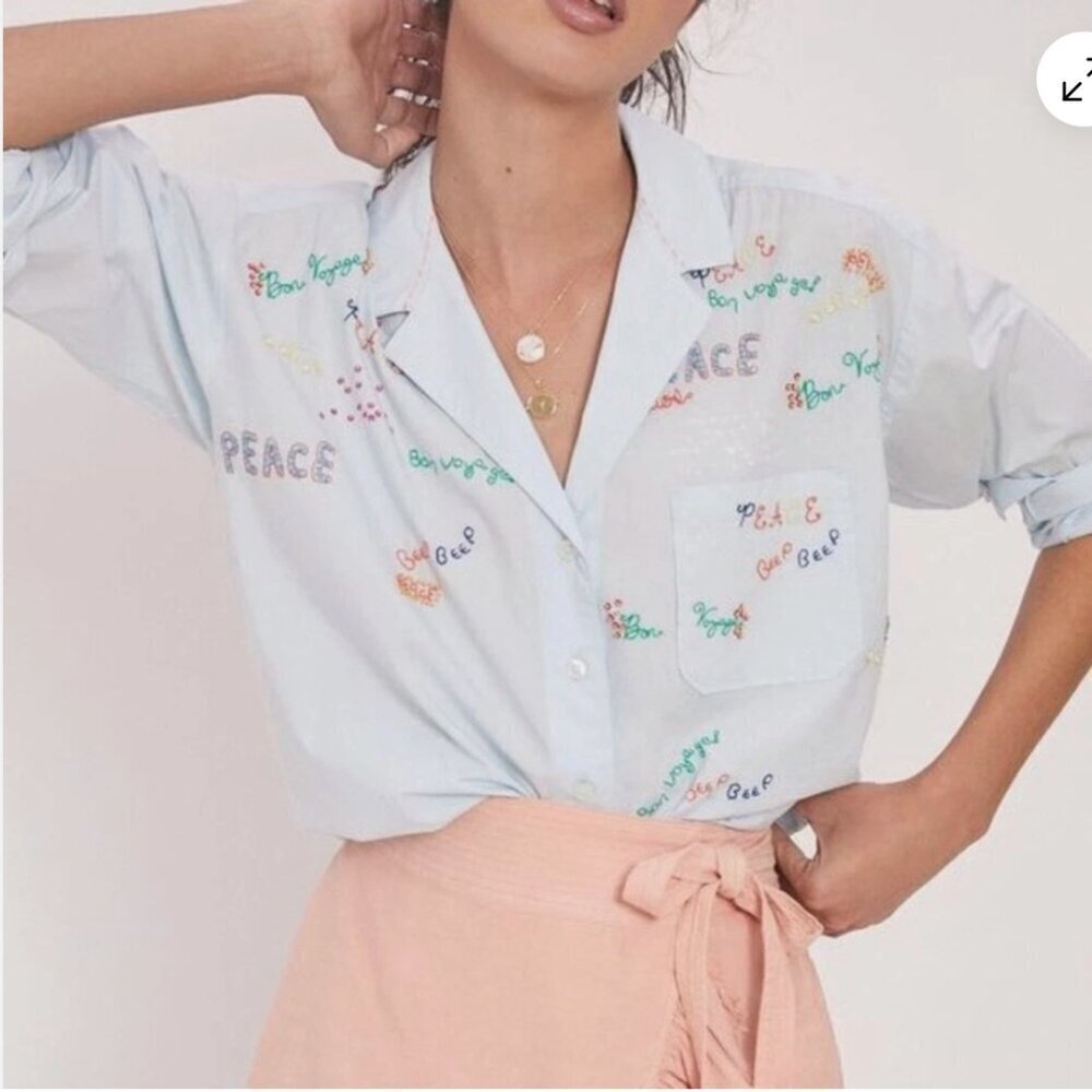 Anthropologie Maeve The Clarissa Bon Voyage Beaded Button Down Shirt - Picture 2 of 13